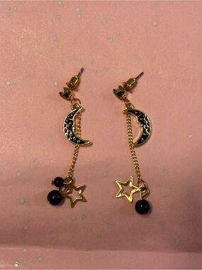 Gold Celestial Moon & Star Drop Earrings - Black Accent